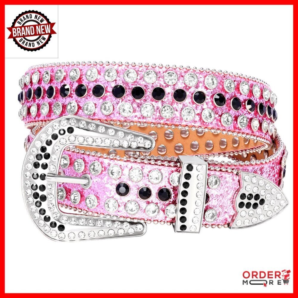 Rhinestone Studded Western Belt, PU Leather, Adjustable Buckle, Unisex